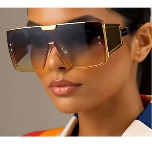 Sunglasses Gold Frame Green Gradient Lens Oversized Fashion Luxury Party Shades‎